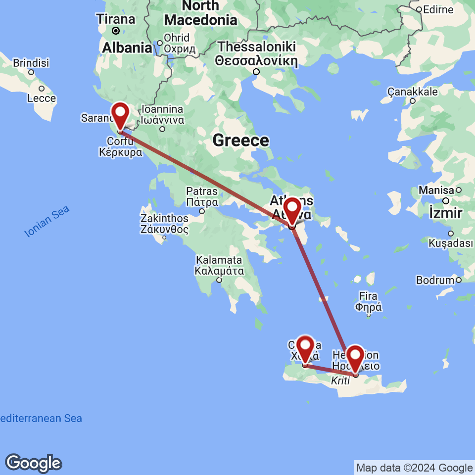 Route for Athens, Corfu, Athens, Heraklion, Chania tour